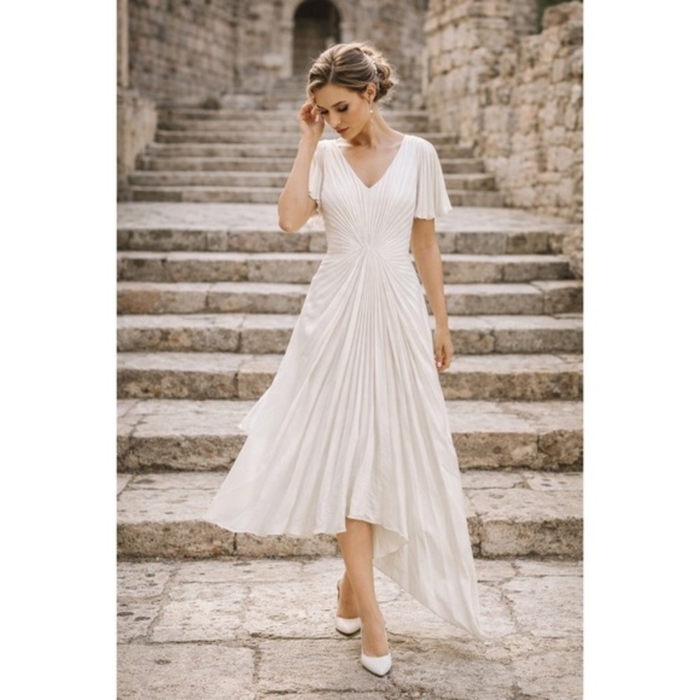 Georgia Hardinge Midi Evening Dress Sz 8 White Pleated Cocktail Date